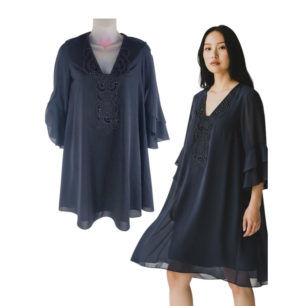 Lilly Pulitzer Tatiana Stretch Silk Dress Black 3/4 Flounce Sleeve Size XXS